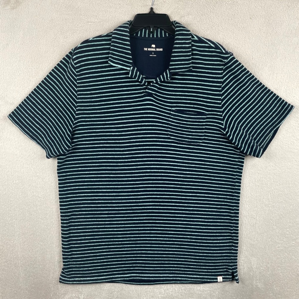 The Normal Brand Knit Polo Shirt Men Large Blue Stiped Terry Cloth Johnny Collar - Picture 2 of 8